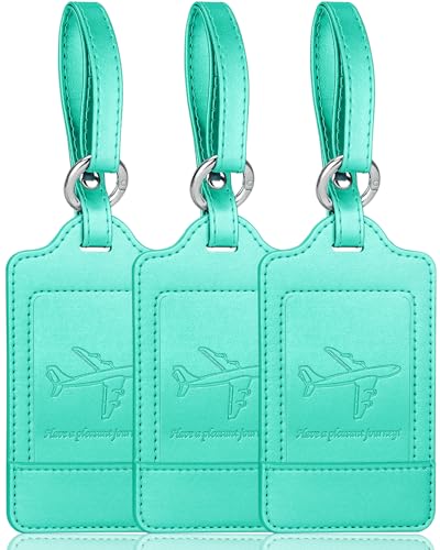 Teskyer Luggage Tags, 3 Pack Premium PU Leather Luggage Tags Privacy Protection Travel Bag Labels Suitcase Tags - color: Cyan