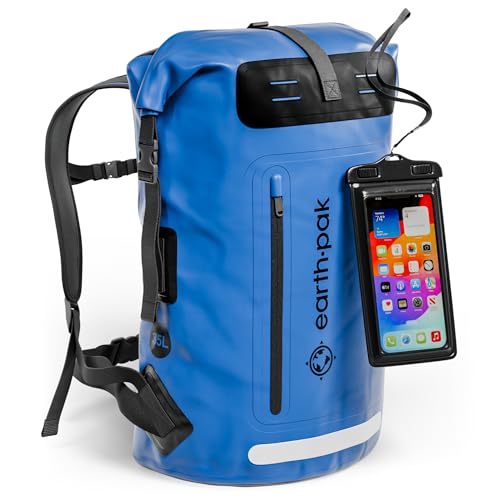 Earth Pak Waterproof Backpack - Heavy Duty Hiking Backpack - Roll-Top Closure Bag - Cushioned Dry Bag Waterproof Phone Case - color: Blue, size: 35L