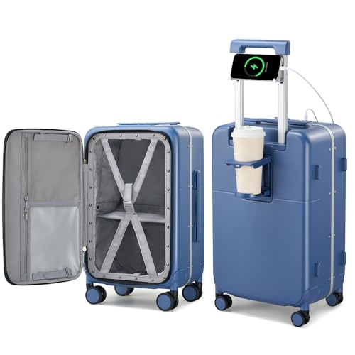 Hanke 24 Inch Checked Luggage with Cup Holder and USB Ports,Top Opening Hard Shell Suitcase with Wheels,Aluminum Frame Trunk Luggage with Foldable Dividers & TSA Lock for Travel, Interstellar Blue - color: Interstellar Blue, size: 24 Inch