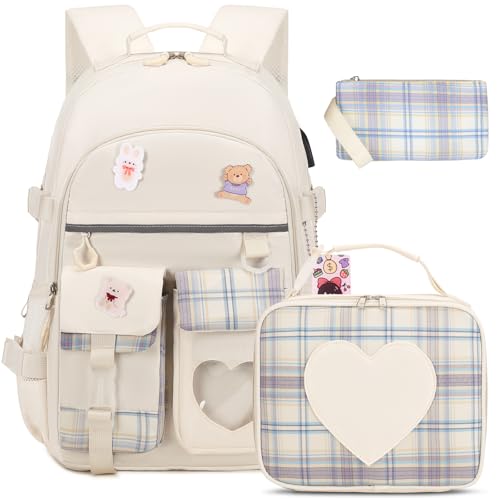 ACESAK Backpack for Girls - Bookbag Backpacks Schoolbag for Girls Kids Teen Women Casual Travel Daypacks - School Bag Elementary Middle School College Cute Backpack with Lunch Box (Beige) - color: Beige