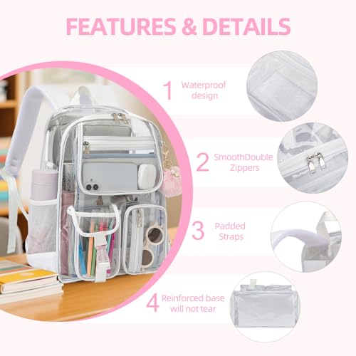 Clear Backpacks for Girls Women, Heavy Duty PVC Transparent School Bookbag See Through Back Pack for College Work Travel (White) - color: White