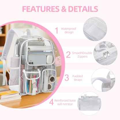 Clear Backpacks for Girls Women, Heavy Duty PVC Transparent School Bookbag See Through Back Pack for College Work Travel (White) - color: White