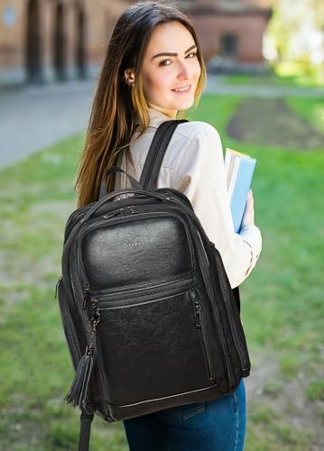 Shrrie 17 Inch Travel Laptop Backpack for Men&Women, Vegan Leather Suitcase Backpack with USB Charger, Expandable Large Capacity Computer Backpack Purse for Work Business Travel, Black - color: Black