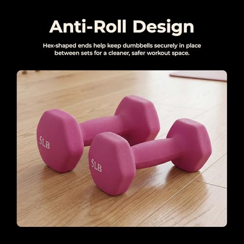 Sunny Health & Fitness Neoprene Coated Hex Shaped Dumbbell Non-Slip Fitness Weights for Home Gym Exercise, Full Body Workout Strength Building, Weight Loss, Sold in Pairs - Sizes - 2LB, 5LB, 8LB, 10LB - style: 5 Pounds