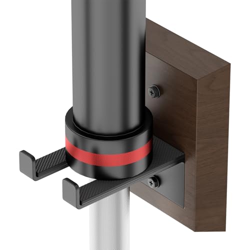 Barbell Wall Mount, Olympic Barbell Holder for Garage Gym, Vertical Bar Rack with Wooden Spacer Pad - Black Powder Coated Iron & Rubber Wood Base, Anti-Scratch Wall Protection & Extra Stability on Uneven Walls - Space Saving Home Gym Accessory, Barbell St