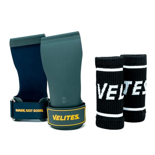Velites - Official Crossfit® Games Quad Ultra Grips - No Chalk and Smooth Bars - Wristbands and Carry Bag Included - Pull-ups, Muscle-ups and Toes to bar - color: Green, size: X-Large