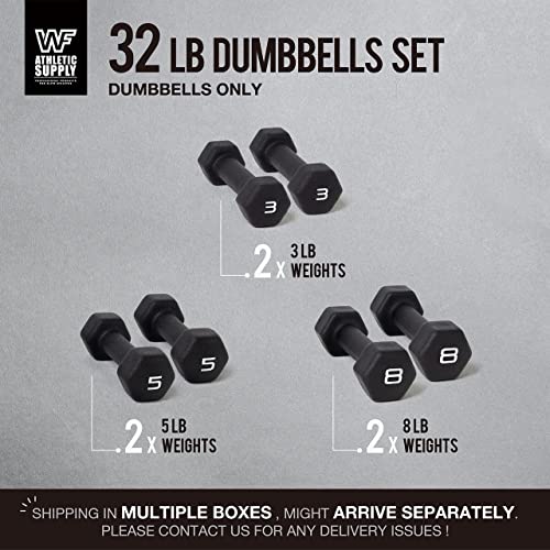 WF Athletic Supply Black Neoprene Dumbbell Set, Non-Slip & Hex Shape, Great for Muscle Toning, Strength Building & Weight Loss; Sizes, Dumbbells Only & w/Rack Options Available - color: a. 32 LB Dumbbells ONLY