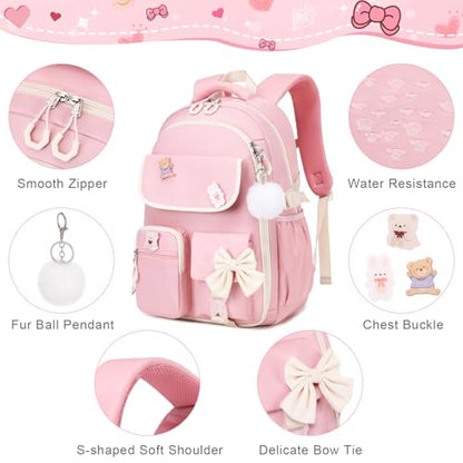 ACESAK Girls Backpack - 3PCS Backpack for Girls Cute School Backpacks for Girl Kindergarten Elementary Preschool Middle Kids School Bags with Lunch Box Pencil Case Set (Pink Beige) - color: Pink Beige