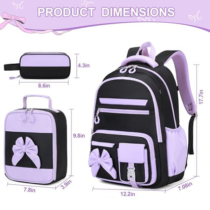 DIGOBAY Backpack for Girls, 3PCS Girls Backpack for School with Lunch Bag Pencil Case, Cute Kids Teens Bookbag for Kindergarten Elementary Preschool Middle School (Black-Purple) - color: Black-purple