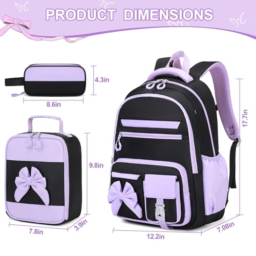 DIGOBAY Backpack for Girls, 3PCS Girls Backpack for School with Lunch Bag Pencil Case, Cute Kids Teens Bookbag for Kindergarten Elementary Preschool Middle School (Black-Purple) - color: Black-purple