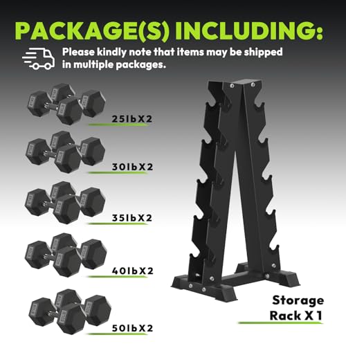 HANDBODE Hex Dumbbell Sets with Rack, 100-165 lb Rubber Encased Dumbbells for Strength Training, Exercise & Fitness, Home Gym Weight Set with Rack - style: 360 lb (25, 30, 35, 40, 50 lb) X 2 & Rack
