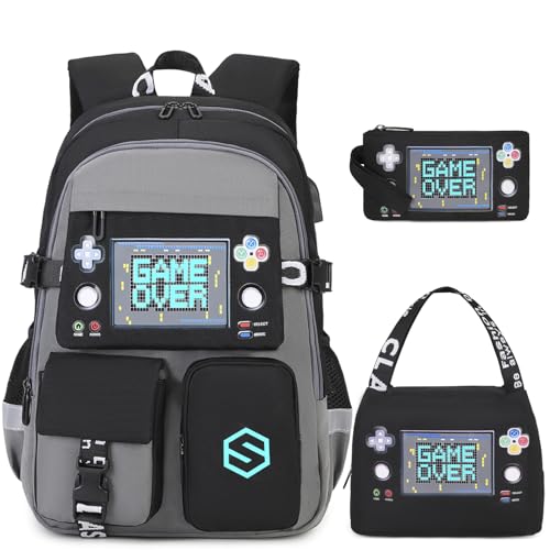 Scothen Boys Backpack, Cool Luminous School Backpacks for Boys with Lunch Bag Pencil Case, Kids Backpack Kindergarten Elementary Middle School Book Bags for Teen Boy Children with USB Charging Port - color: Gray