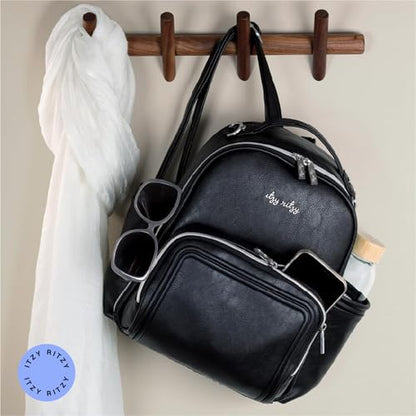 Itzy Ritzy Mini Diaper Bag Backpack – Chic, Compact Mini Plus Backpack with Changing Pad, 10 Pockets (6 Internal, 4 External), Grab-Top Handle & Rubber Feet (Black w/Silver Hardware) - color: Black With Silver Hardware - Plus
