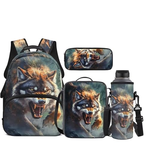 JEOCODY Cool Wolf Backpack Kids School Bag with Lunch Bag Pencil Case Water Bottle Holder Casual Boys Girls Daypack for Travel Hiking Satchel Bagpack 4 Piece Bookbag Purse Set - color: Cool Wolf Patterns