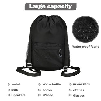 Waterproof Drawstring Bag, Lightweight String Backpack with Water Bottle Holder and Pockets, Gym Sports Cinch Sackpack (Black) - color: Black