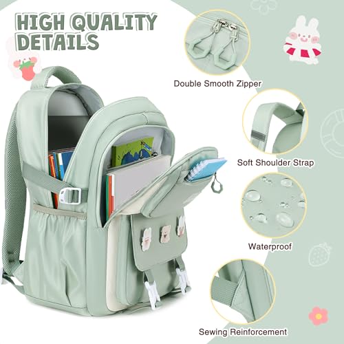 DIGOBAY 3PCS Girls Backpack for School, Green Large Kids Backpack for Girls with Lunch Box Pencil Case Set for Teen Girl Elementary Primary Middle High College School Bookbag with Cute Pins - color: Green