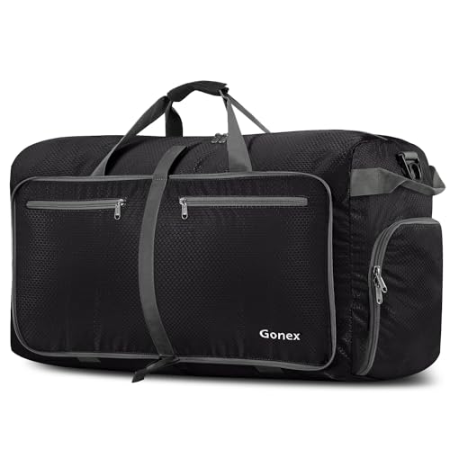 Gonex Large Foldable Travel Duffle Bag with Shoes Compartment, Packable Lightweight Water Repellent Duffel Bag for Camping Gym Weekender Bag - color: Black, size: 40L