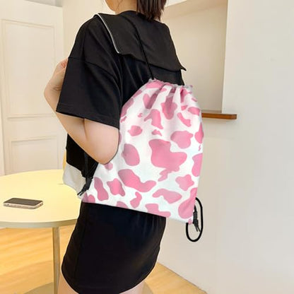 Drawstring Backpack Draw String Bag Sports Gym Bags Waterproof Cute Aesthetic Sackpack for Unisex Women Sports Beach Travel(13"×17")-Pink Cow - color: Z7-pink Cow