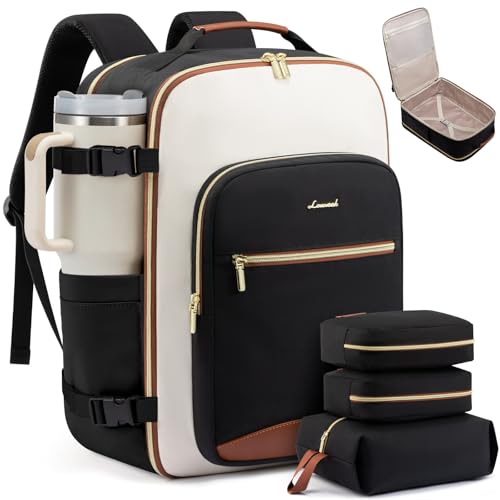 LOVEVOOK Large Travel Backpack for Women & Men, 40L Carry on Backpack for Airplanes, TSA Personal Item Travel Bag fits 17" Laptop, Waterproof Travel Essentials Airline Approved with 3 Packing Cubes - color: Black-beige-brown, size: 17.3 Inch-40L-4Pcs