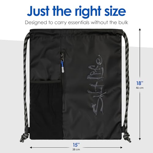 Salt Life Drawstring Backpack for Men and Women - Small Draw String Cinch Gym Bag with Water Bottle Pocket and Zipper Pocket - color: Black