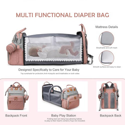 Diaper Bag Backpack with Changing Station, Waterproof for Travel, Gray Pink - color: Pink Grey