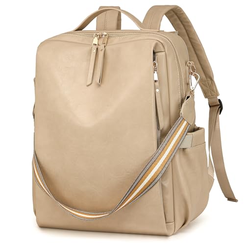 Dora & Liz Laptop Backpack for Women, Leather Travel Backpack with 15.6 Inch Laptop Compartment, College Work Computer Bag - color: Off-white