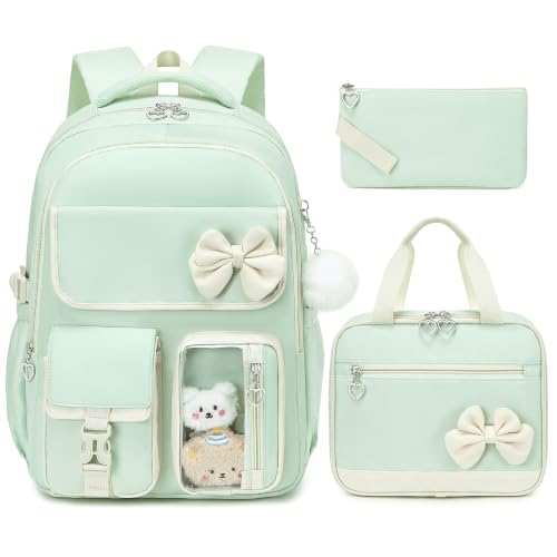 GeeWin Girls Backpack for School with Lunch Box & Pencil Case Set, 17 Inch Waterproof Cute Bow Girls Bookbag for Kids, Teens, Elementary Middle High College School Student (Green/Beige) - color: Green Beige