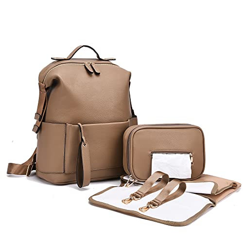 Diaper Bag Backpack Leather Backpack for Women Travel Dad Mother Outdoor Backpack with Changing Pad Stroller Straps(2 pieces) Khaki - color: Khaki
