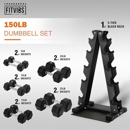 Fitvids Rubber Coated Hex Dumbbell Weight Set and Storage Rack, 100LB Set or 150LB Set, 5-20 lbs Pairs or 5-25 lbs Pairs
