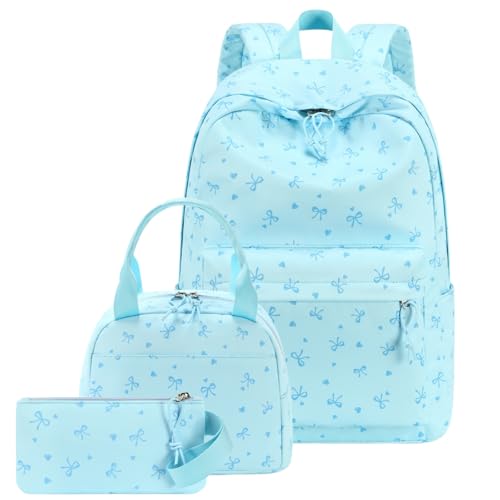 CAMTOP Girls Backpack with Lunch Box Set, Cute Bow School Backpack for Kids, 3-in-1 Lightweight Lunch Bag and Pencil Pouch - color: Blue Heart Bow