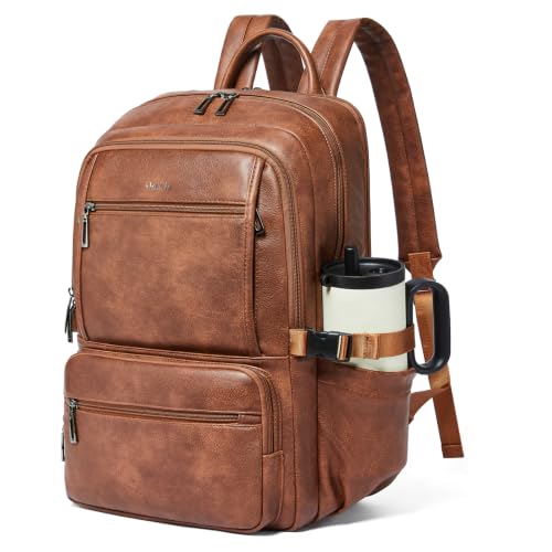 Shrrie 17 Inch Laptop Backpack Purse for Women with Giant Tumbler Holders | Vegan Leather Backpack with Large Water Bottle Pocket,Work Travel Business College Teacher Nurse,35L Large Capaity - color: Brown