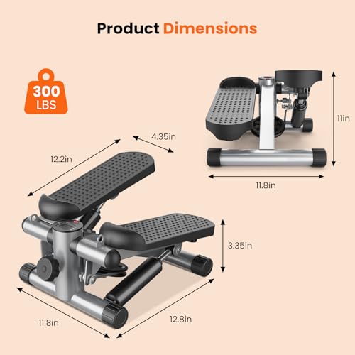 Sweetcrispy Mini Stair Stepper with Resistance Bands, Hydraulic Home Stepper Machine, 300 LBS Weight Capacity, Compact Cardio Equipment with LCD Monitor, No Assembly Required - color: Silver