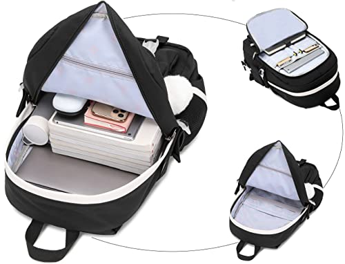 Spotted Tiger School Backpack for Girls Backpack with Lunch Box Anime Bookbag Set School Bag Kawaii Backpacks for Girls Teens (Black) - color: Black