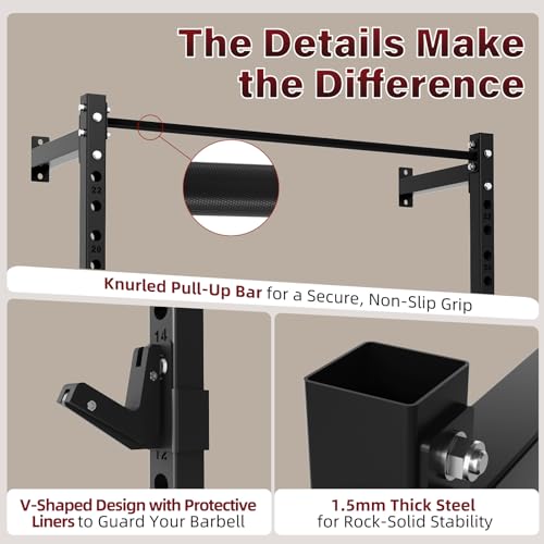 SPORTSOUL Wall Mounted Power Cage, 900lbs Squat Rack with Pull Up Bar for Home Gym, Space-Saving 2"x2" Pull-Up Station with Adjustable J-Hooks for Garage & Apartment - color: Black