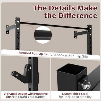 SPORTSOUL Wall Mounted Power Cage, 900lbs Squat Rack with Pull Up Bar for Home Gym, Space-Saving 2"x2" Pull-Up Station with Adjustable J-Hooks for Garage & Apartment - color: Black