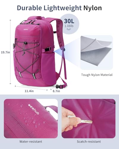 ECOHUB Hiking Backpack 30L Travel Backpack Lightweight Casual Daypack Water Resistant Camping Bag Outdoor Sports Back pack for Men Women - color: Rose Red