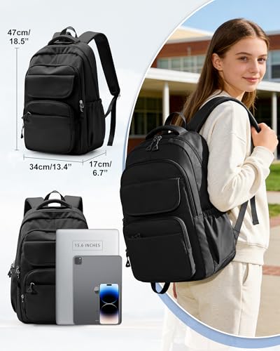 School Backpack for Women Men, Water Resistant Backpacks for Girls 15.6 Laptop Multifunction Casual Daypack, Basic College Backpack School Bookbag Mochilas Escolares para Niñas, Black - color: B-black