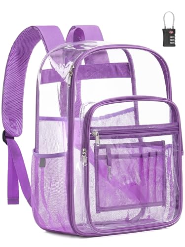 Extra Large Clear Backpack with TSA Lock, Heavy Duty Transparent See Through Clear Bookbag for College, Work, Travel, Casual Sport, Purple - color: Purple