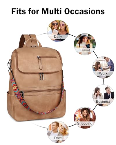FADEON Laptop Backpack for Women Leather Travel Backpack with Laptop Compartment, Designer Ladies Computer Backpacks Camel - color: Camel Brown Retro Style