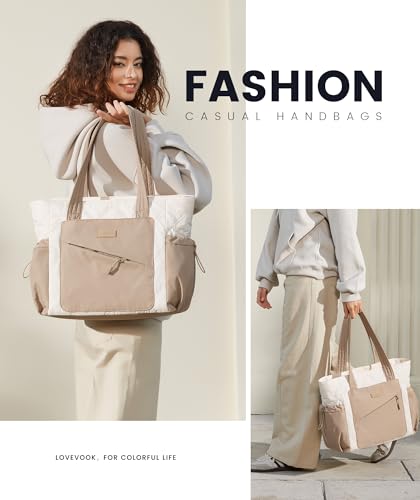 LOVEVOOK Tote Bag for Women, puffer tote bag for Work Travel Nurse, Lightweight quilted Bags with Compartments - color: L-17.3 Inch-cream-khaki