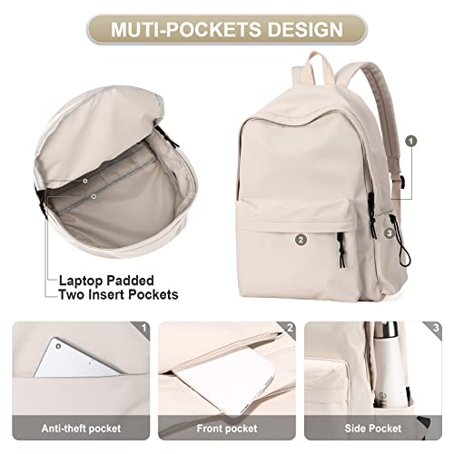 Beige School Backpack for Girls Water Resistant High School Book Bag Simple Backpack for Teens Boys Girls, Lightweight Middle School Back Pack Daypack - color: Beige