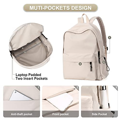 Beige School Backpack for Girls Water Resistant High School Book Bag Simple Backpack for Teens Boys Girls, Lightweight Middle School Back Pack Daypack - color: Beige
