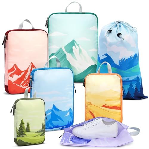 7-Piece Compression Packing Cubes for Travel, Patterned Expandable Luggage Organizer Bags with Double Zipper & Mesh Panel, Shoe Bag & Drawstring Bag for Carry-On, Vacation, Camping