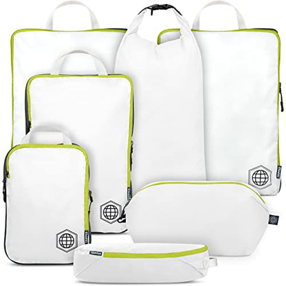 TRIPPED Travel Gear Large Compression Packing Cubes 7-Piece Set for Travel - color: White/Green
