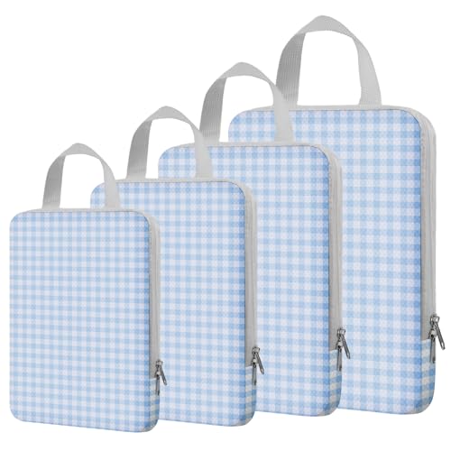 4/8 Set Compression Packing Cubes for Travel Essentials, Compressible Expandable Luggage Organizer Bags for Clothes, Durable Space Saver Storage Bags for Suitcase(4set-Blue Gingham) - color: Blue Gingham, size: 4 set
