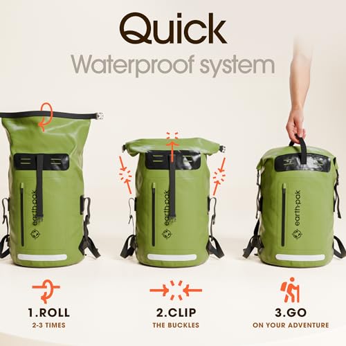 Earth Pak Waterproof Backpack - Heavy Duty Hiking Backpack - Roll-Top Closure Bag - Cushioned Dry Bag Waterproof Phone Case - color: Green, size: 35L
