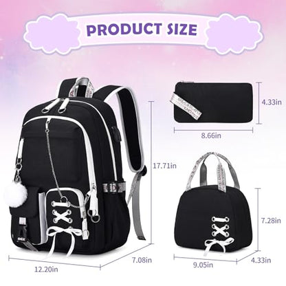ACESAK Backpacks for Girls, Girls Backpack with Lunch Box and Pencil Case for Teen Kids Elementary Middle High School College Student, Children School Backpack Bookbag with USB Charging Port (Black) - color: Solid Black (With Chain)