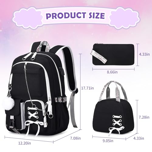 ACESAK Backpacks for Girls, Girls Backpack with Lunch Box and Pencil Case for Teen Kids Elementary Middle High School College Student, Children School Backpack Bookbag with USB Charging Port (Black) - color: Solid Black (With Chain)