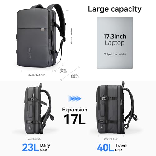 MARK RYDEN Travel Backpack for Men, 40L Airline Approved Carry on Backpack with USB Charging Port, 17.3 Inch Waterproof Business Laptop Backpack - color: Grey