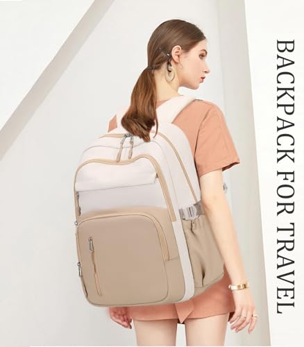 JIANYA Laptop Backpack for College Women Travel Backpack Big Student School Bag, Water Resistant Fits 15.6" Notebook - color: Beige+khaki